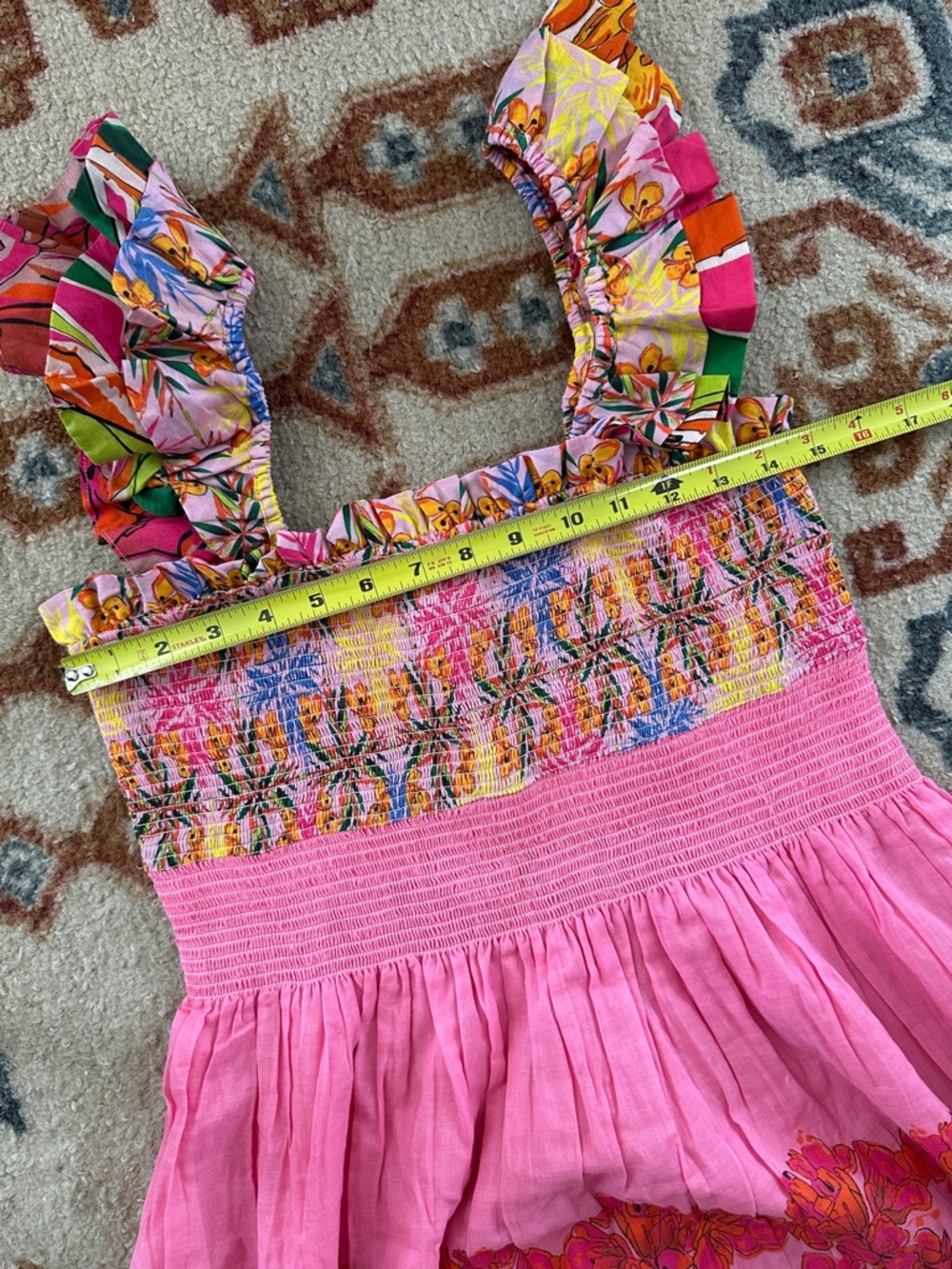 Anthropologie Roopa Pemmaraju Floral Smocked Dress Pink Ruffle Cotton Sundress M - Picture 5 of 11